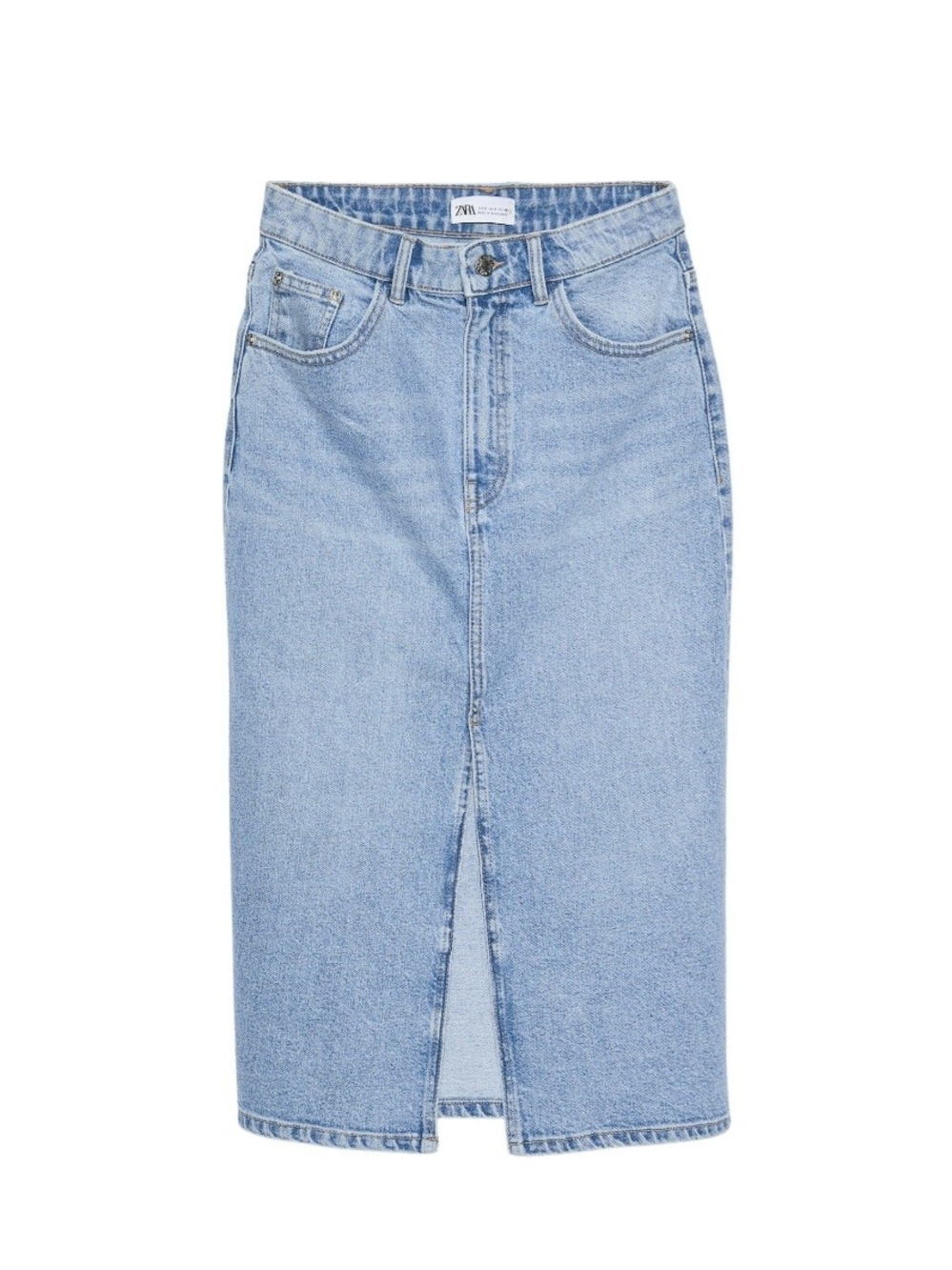 Zara Light Blue Denim Pencil Skirt with Front Slit